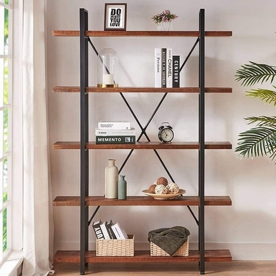 Aangepast Industrieel 5 Rijenmetaal en Houten Boekenkast Stevige Houten Boekenplanken