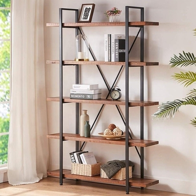 Aangepast Industrieel 5 Rijenmetaal en Houten Boekenkast Stevige Houten Boekenplanken