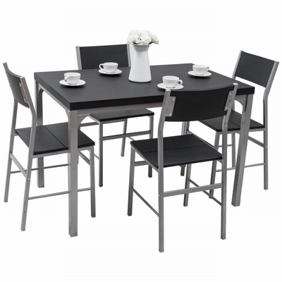 Plaatste de huis Houten Zwarte Eettafel 4 Seater-Stoelen met Metaalkader